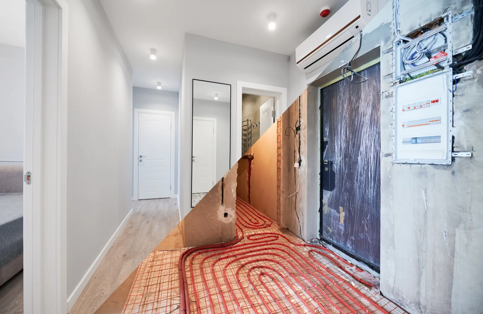 Couloir : une moitié en chantier avec plancher chauffant, l'autre terminée