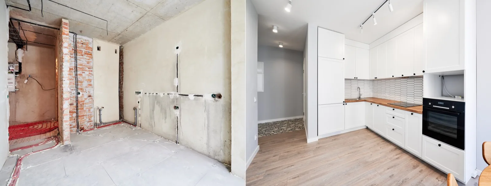 Cuisine : moitié avant travaux, moitié après rénovation