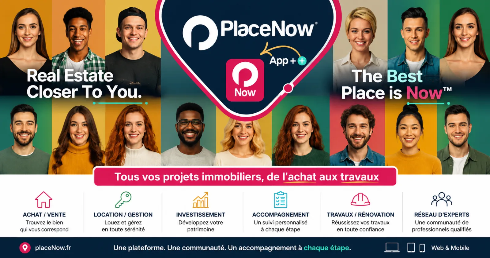 PlaceNow — plateforme de pilotage de projets immobiliers : famille, investisseur, agent immobilier, artisan et courtier réunis autour d'un même espace